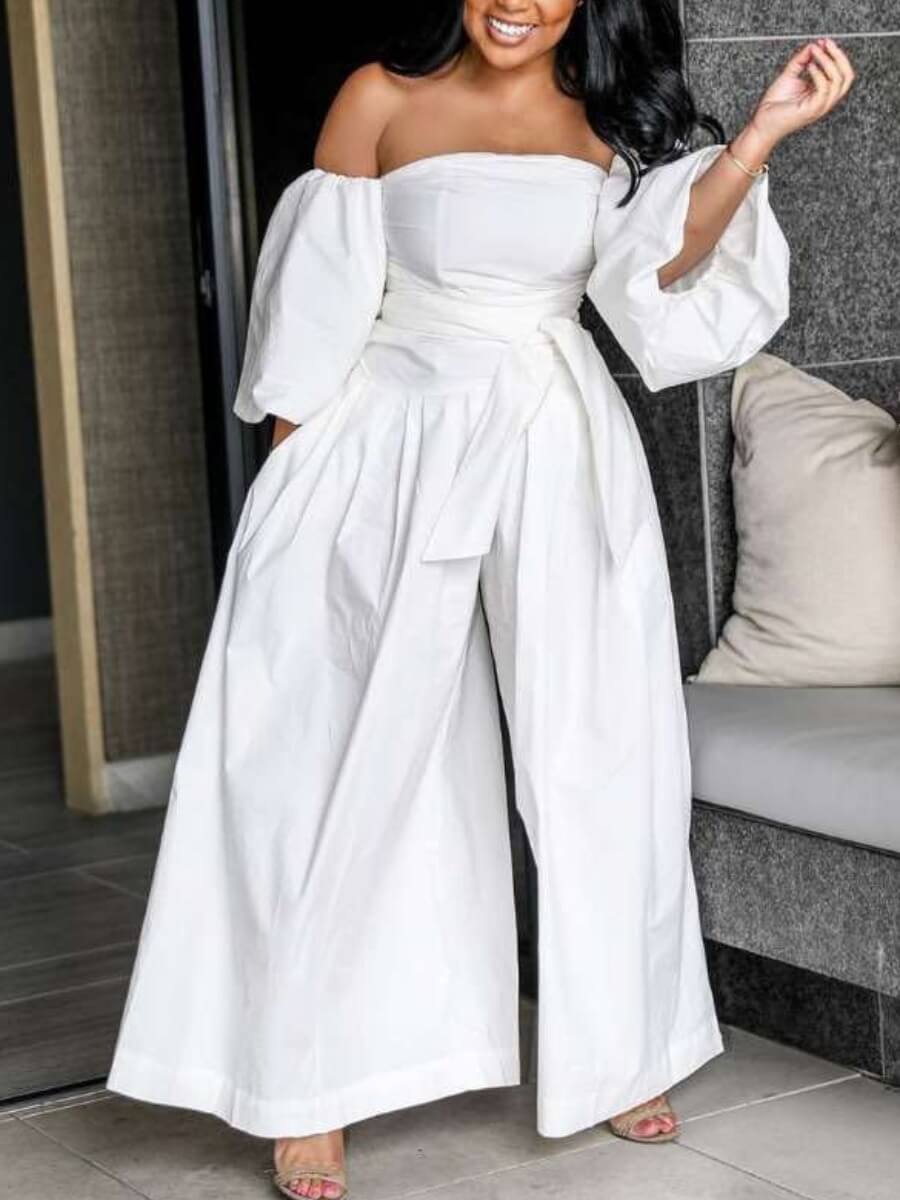 

Lovely Stylish Dew Shoulder Lace-up White One-piece Jumpsuit