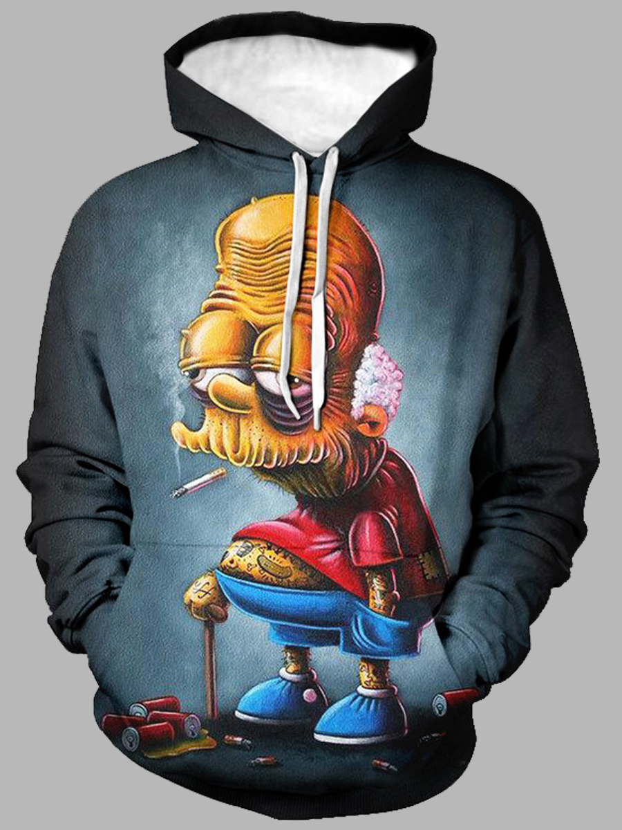 

lovely Street Hooded Collar Cartoon Print Blue Men Hoodie