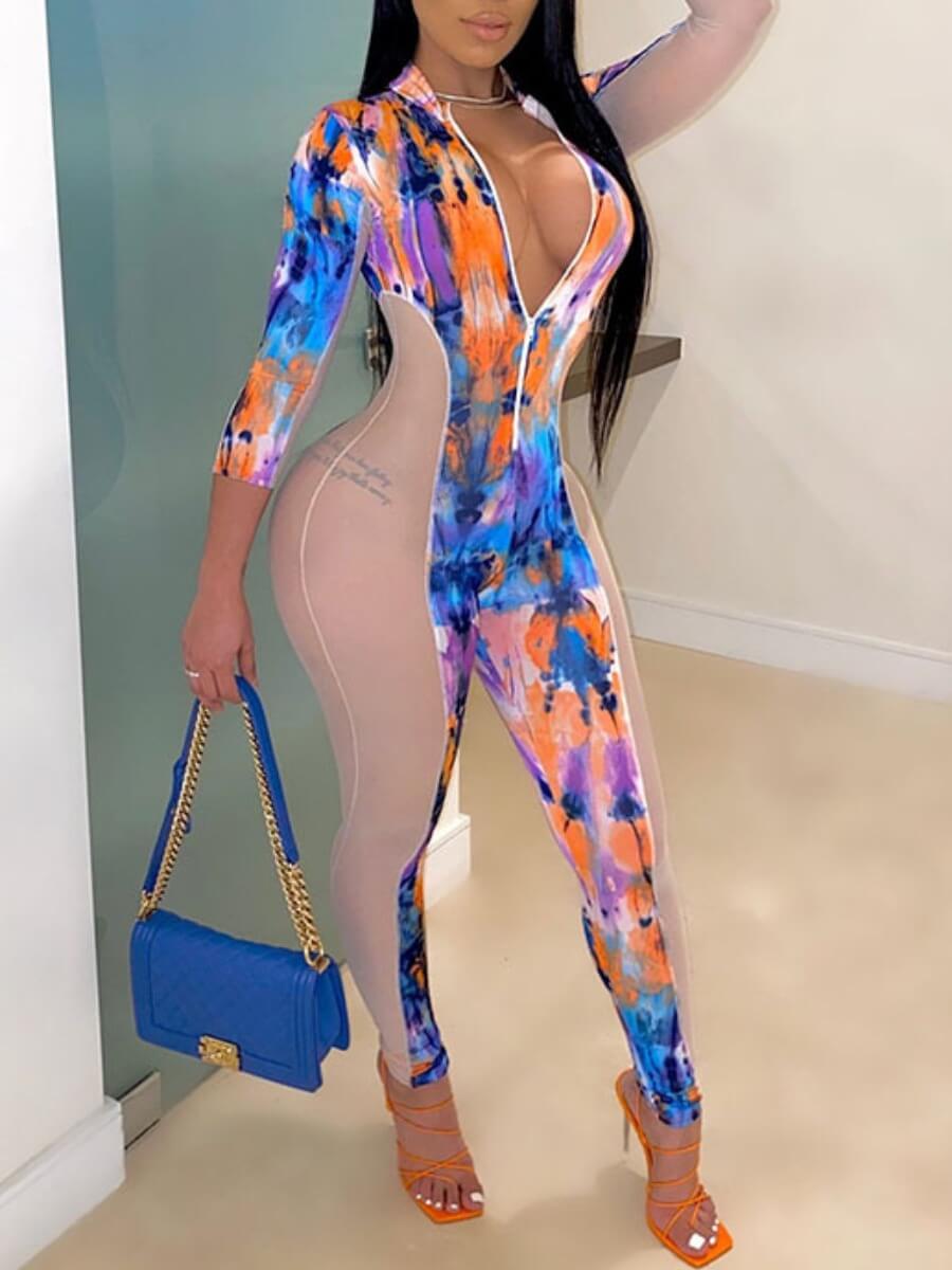 

Lovely Stylish Print Patchwork Orange One-piece Jumpsuit
