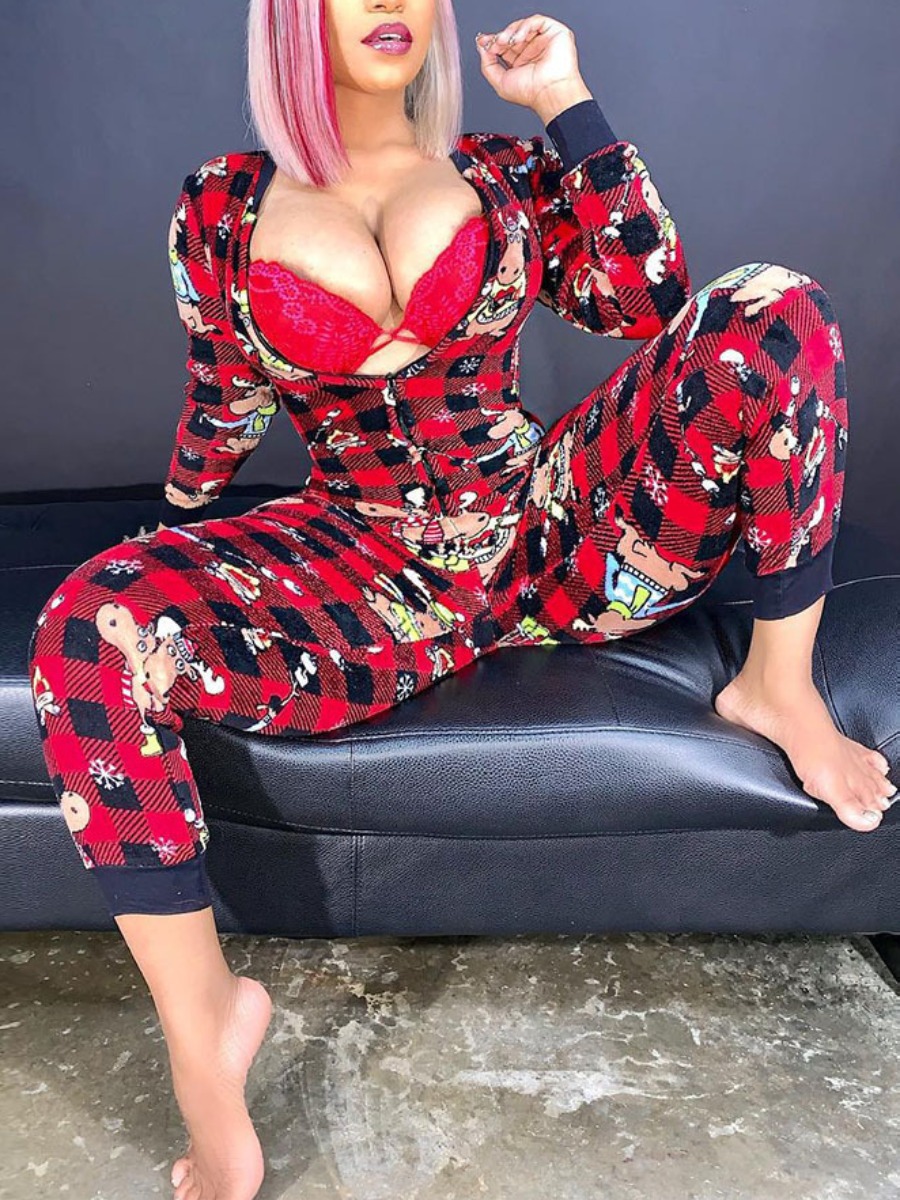 

Lovely Leisure Cartoon Print Red Loungewear