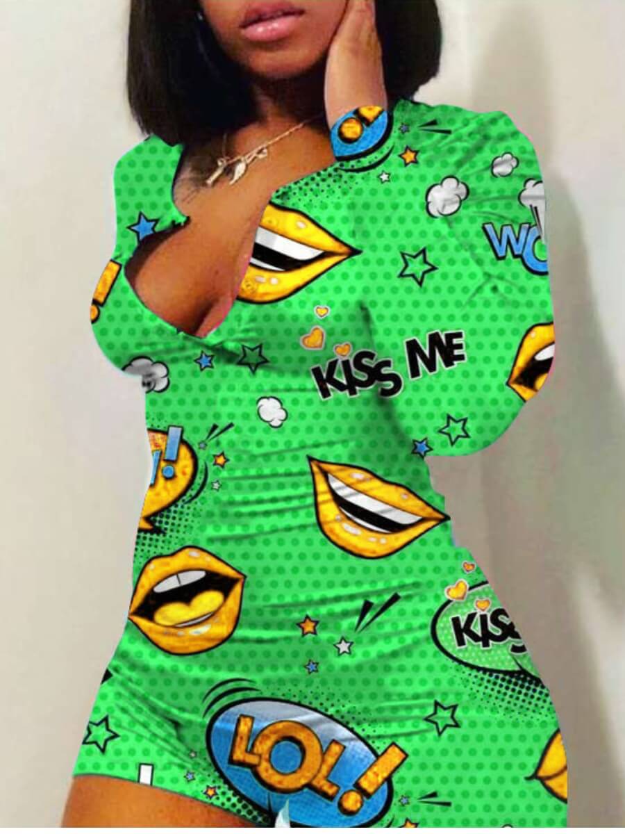 

Lovely Trendy Lip Print Green Sleepwear