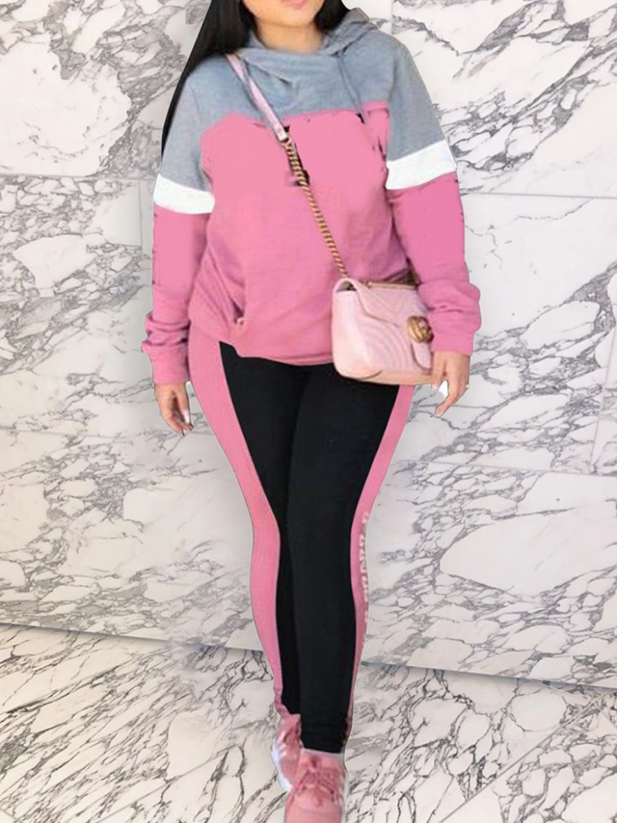 

Lovely Sportswear Hooded Collar Patchwork Pink Plus Size Two-piece Pants Set