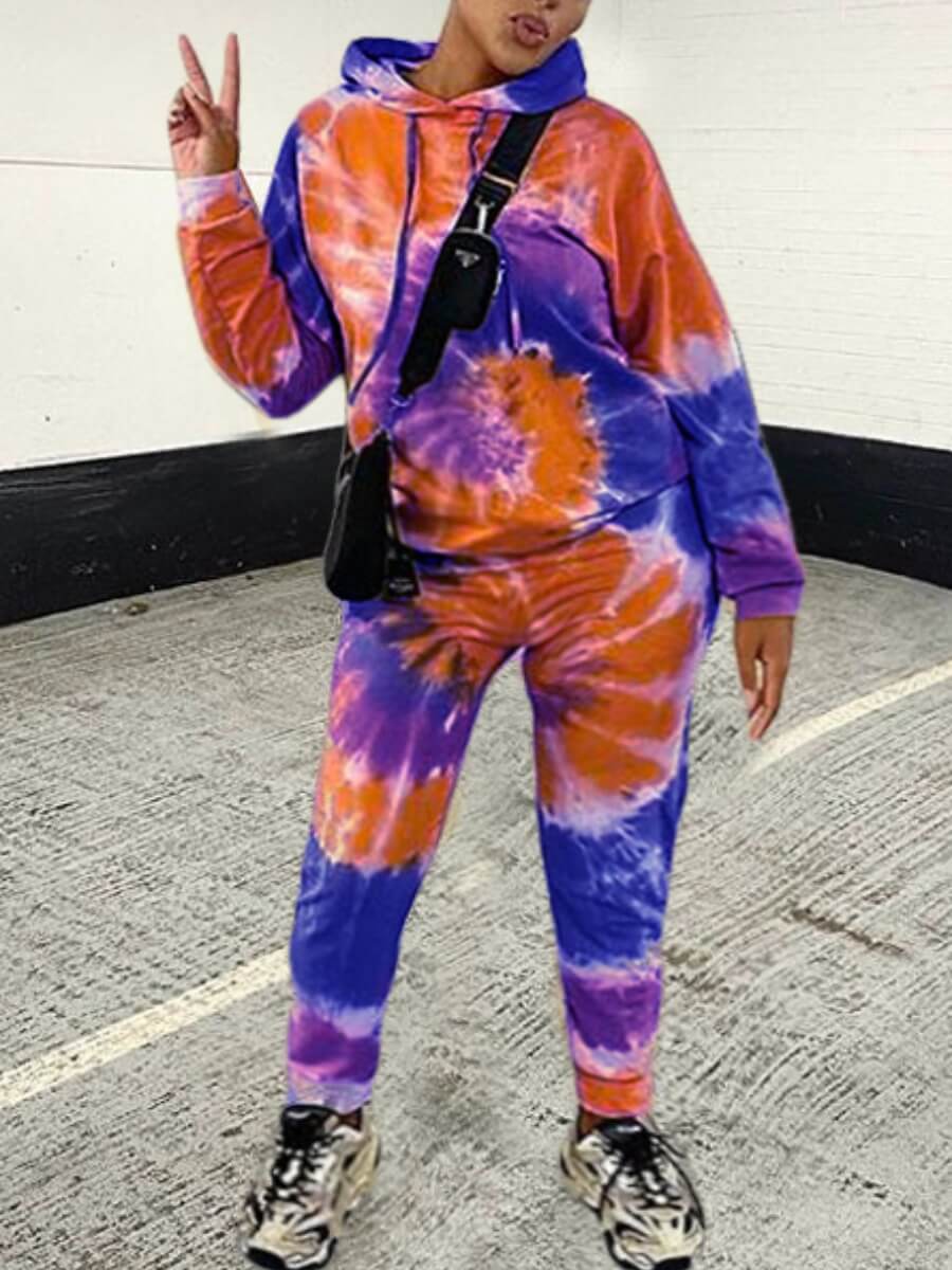 

Lovely Casual Hooded Collar Tie Dye Blue Two Piece Pants Set