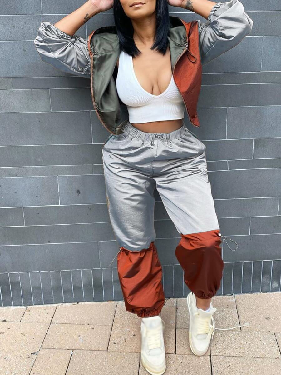 

Lovely Sportswear Hooded Collar Patchwork Silver Two Piece Pants Set