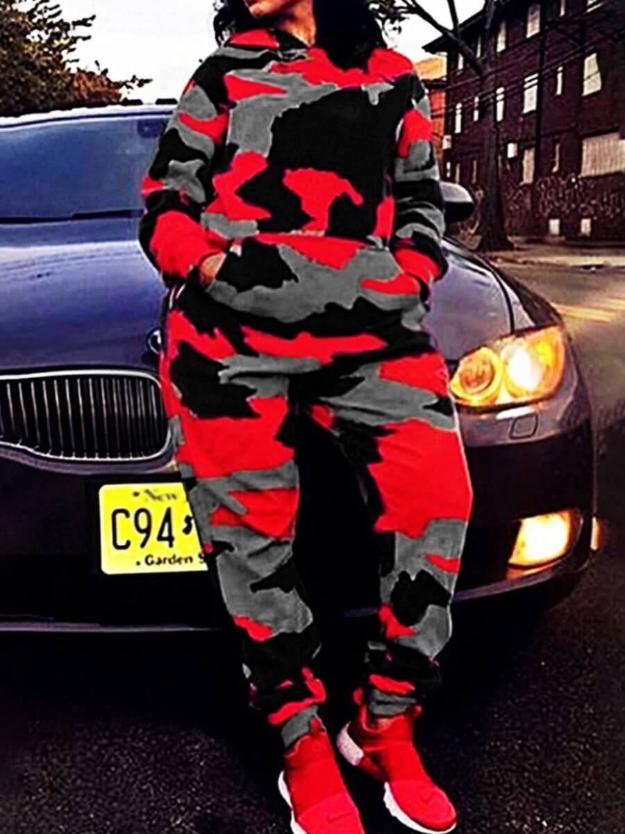 

LW Plus Size Sportswear Camo Print Loose Black Two-piece Pants Set, Black camouflage
