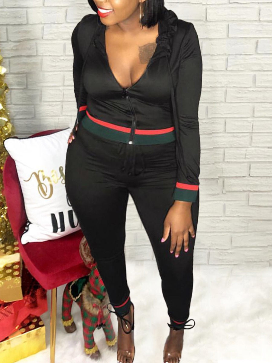 

Lovely Sportswear Hooded Collar Patchwork Black Plus Size Two-piece Pants Set