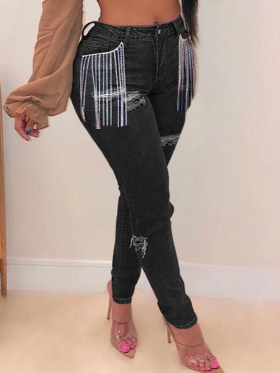 

Lovely Trendy Tassel Design Black Jeans