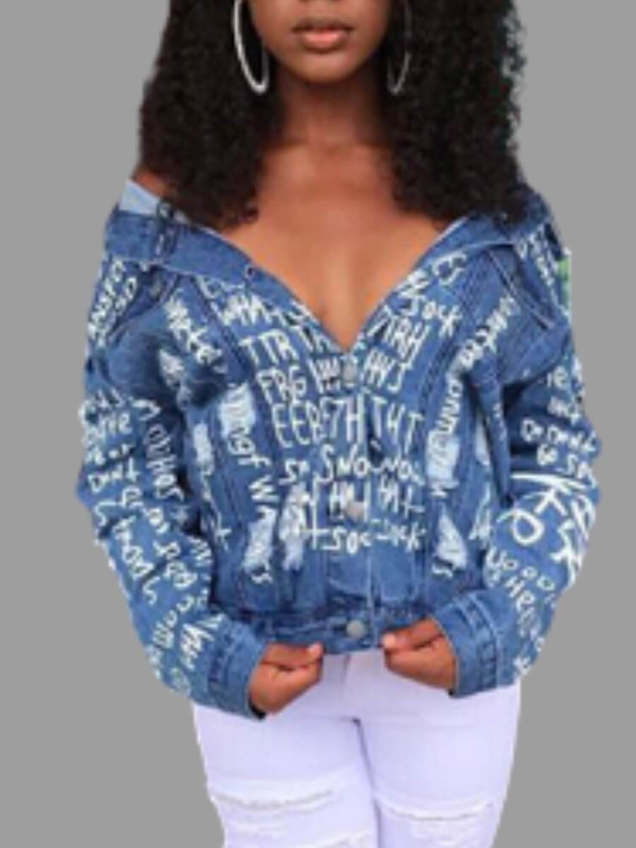

Lovely Street Turndown Collar Letter Print Skyblue Denim Jacket