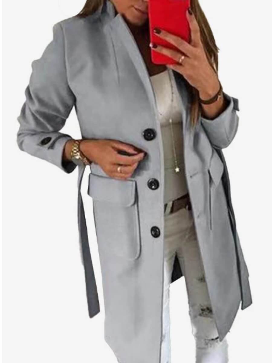

Lovely Stylish Turndown Collar Buttons Design Grey Trench Coat