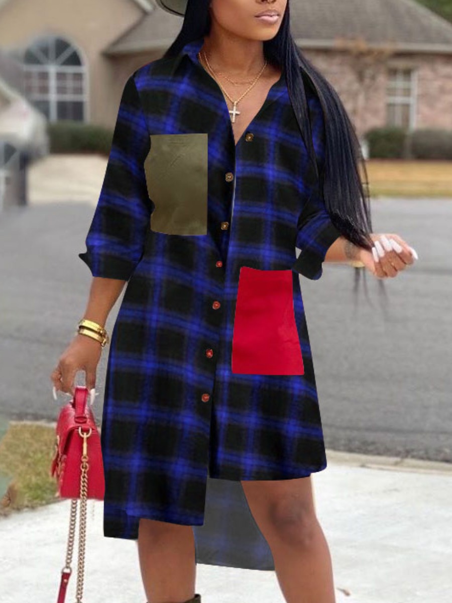 

Lovely Trendy Turndown Collar Grid Print Asymmetrical Blue Knee Length Shirt Dress