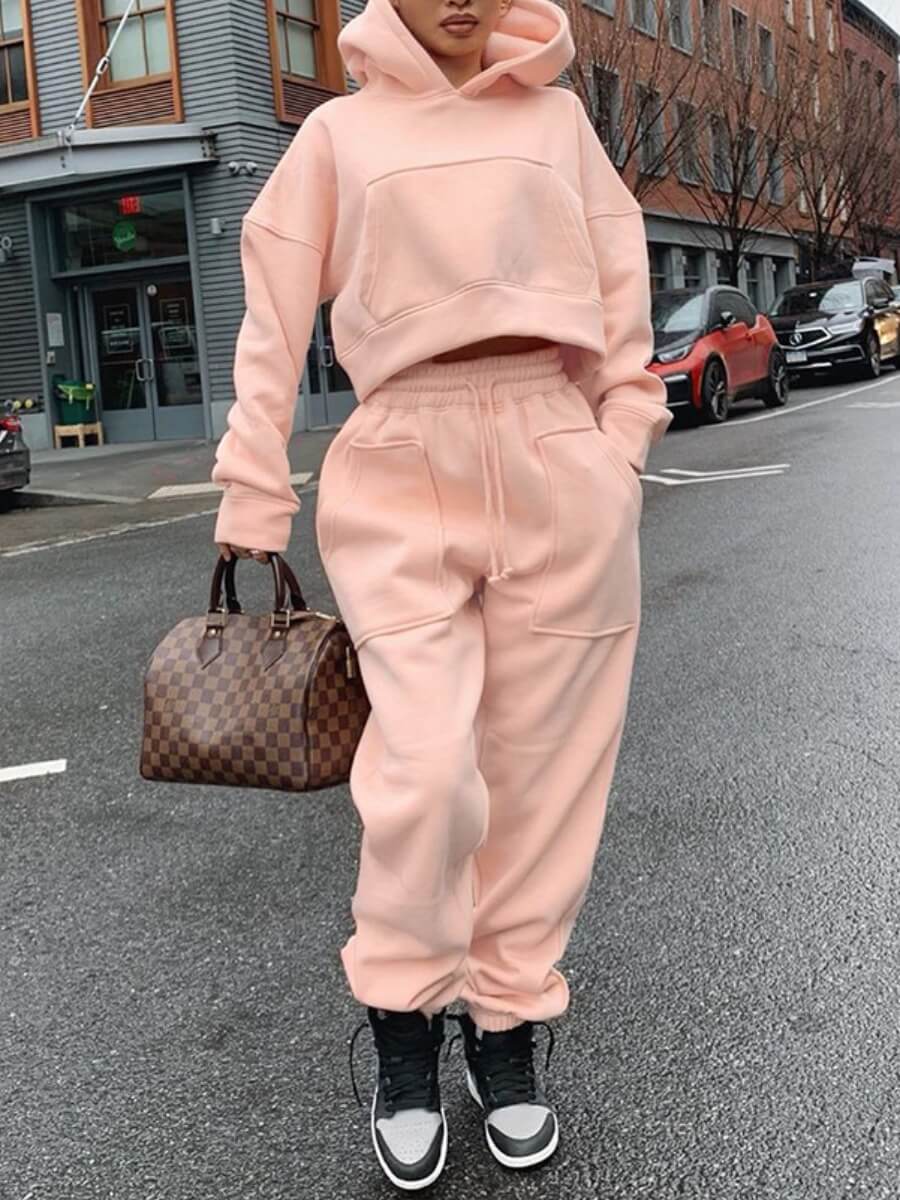 

Lovely Casual Hooded Collar Pocket Patched Loose Pink Two Piece Pants Set