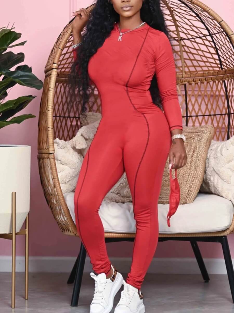 

Lovely Sportswear Patchwork Skinny Red One-piece Jumpsuit