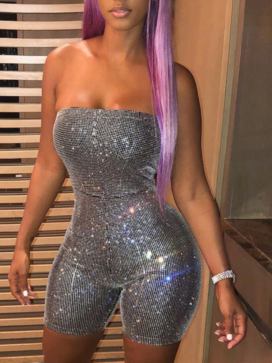 

lovely Sexy Dew Shoulder Zipper Design Silver One-piece Romper