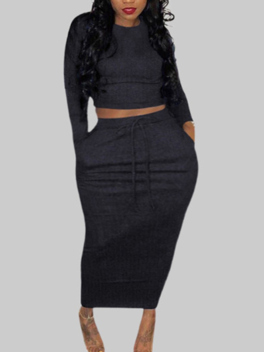 

Lovely Casual O Neck Skinny Black Plus Size Two-piece Skirt Set