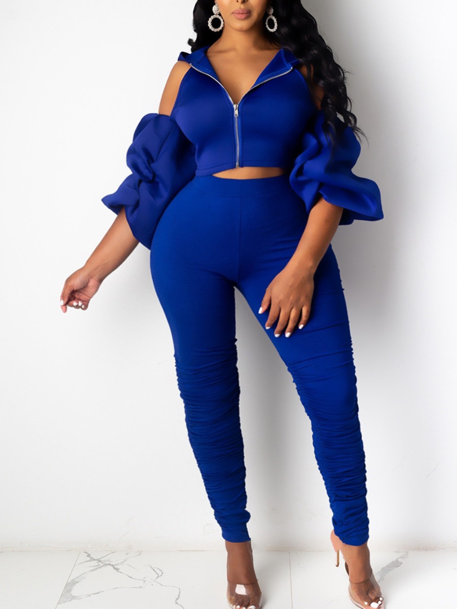 

lovely Stylish Hollow-out Zipper Design Blue Plus Size Two-piece Pants Set