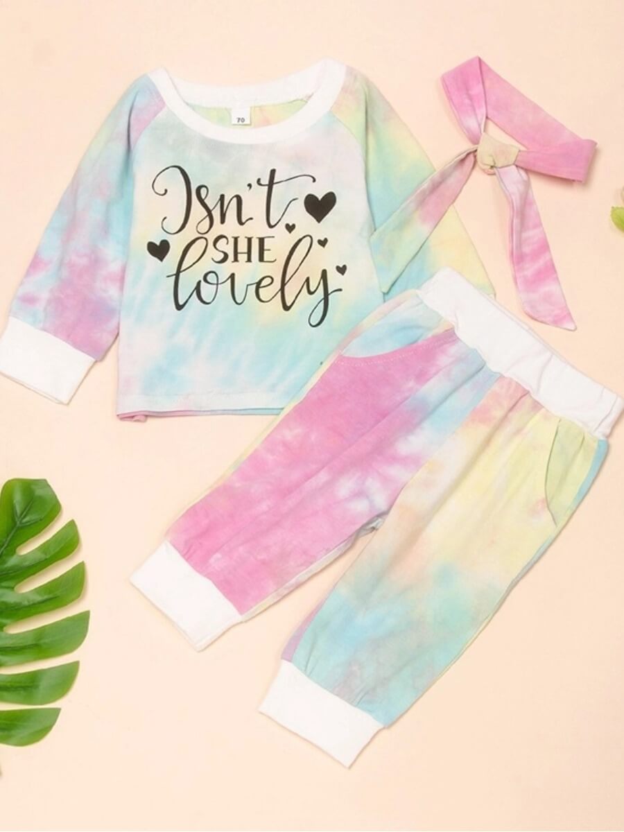 

Lovely Casual O Neck Tie-dye Print Baby Blue Girl Two-piece Pants Set