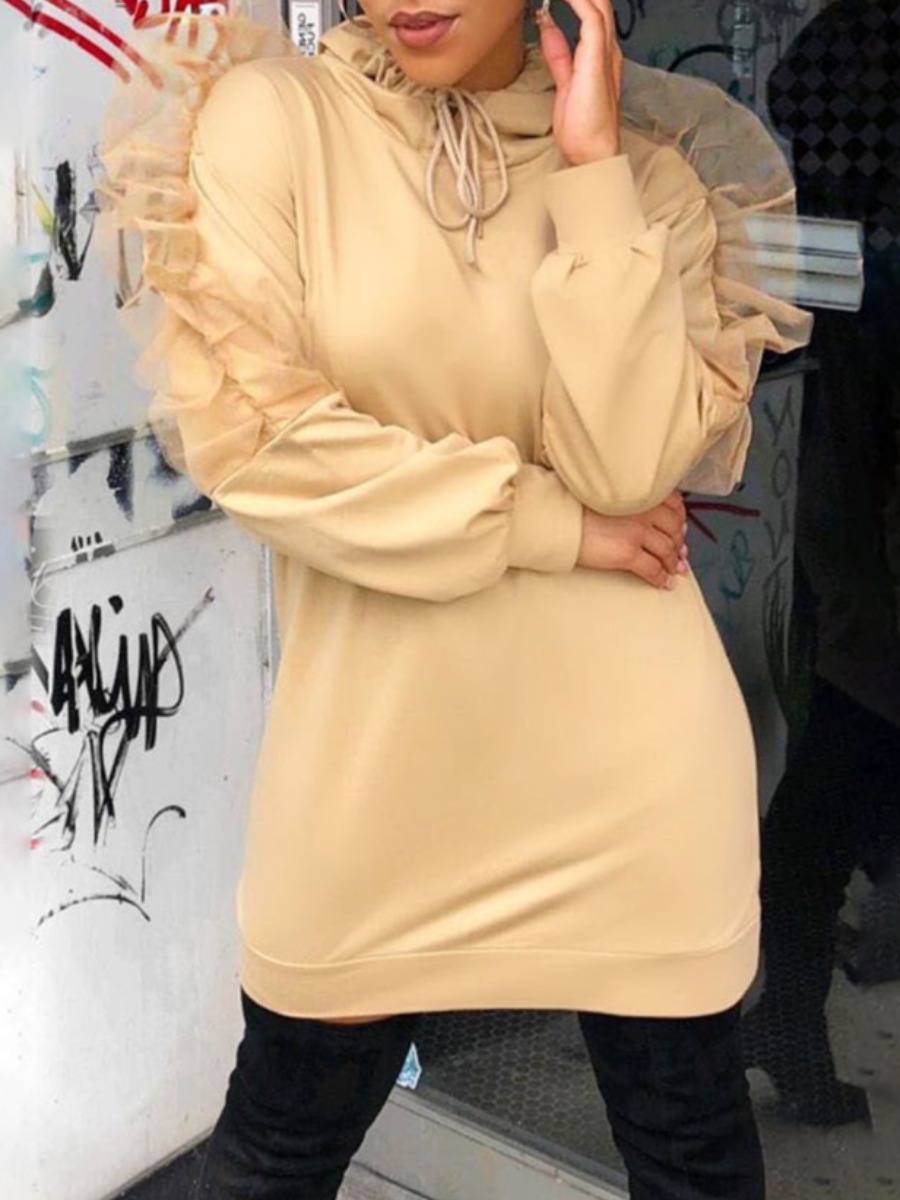 

Lovely Trendy Hooded Collar Patchwork Apricot Mini Dress