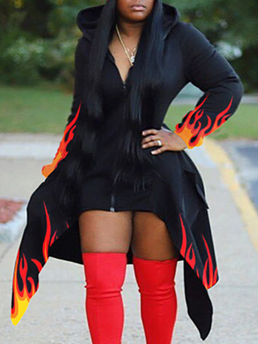 

Lovely Casual Hooded Collar Print Asymmetrical Black Coat