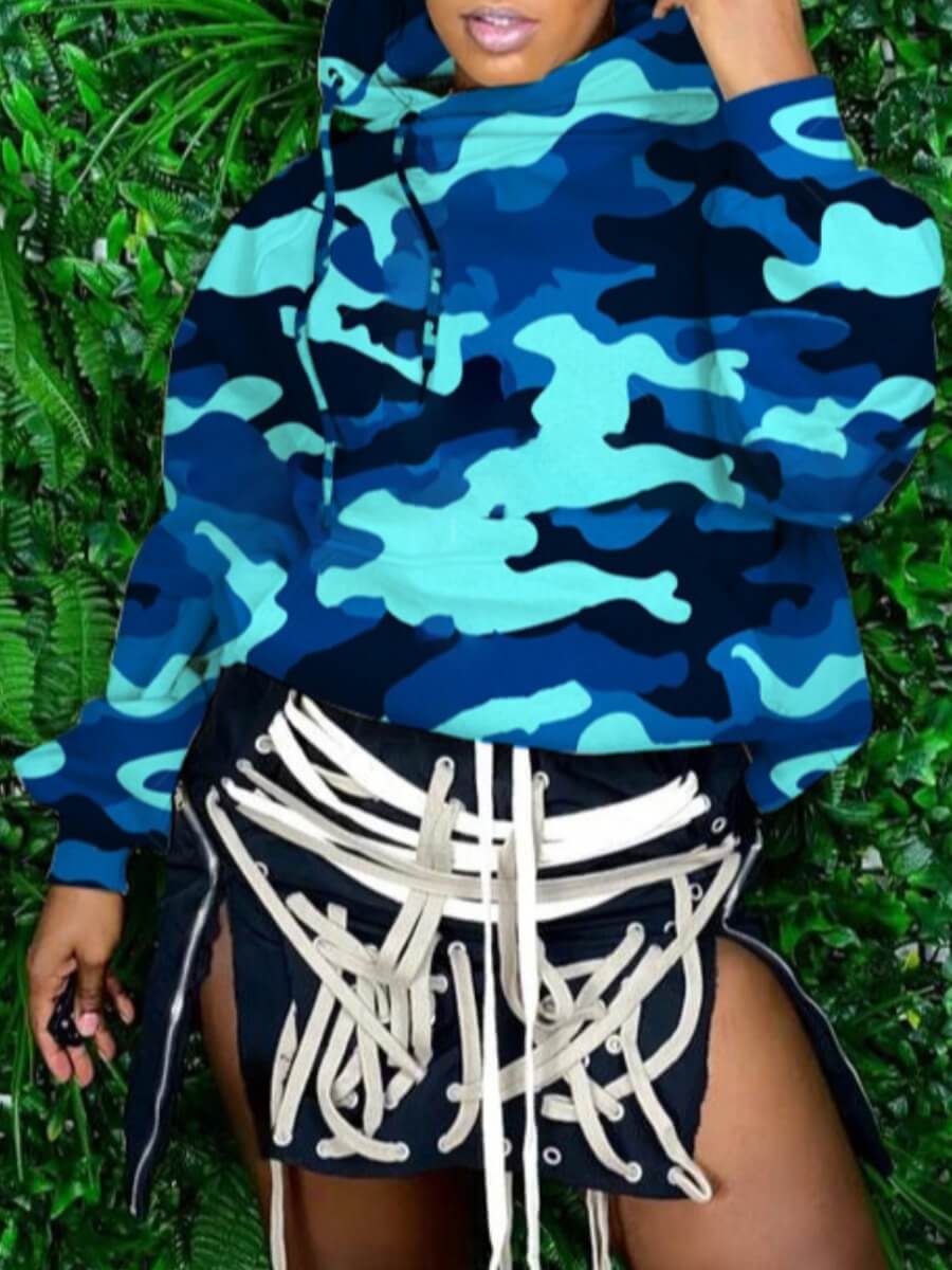 

Lovely Street Hooded Collar Camo Print Blue Hoodie, Blue camouflage