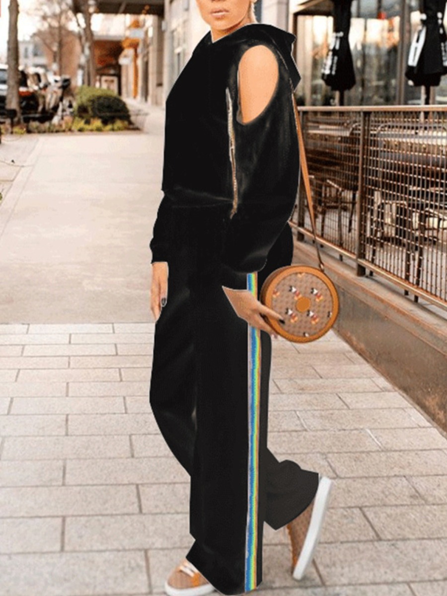 

Lovely Leisure Hollow-out Patchwork Black Two Piece Pants Set