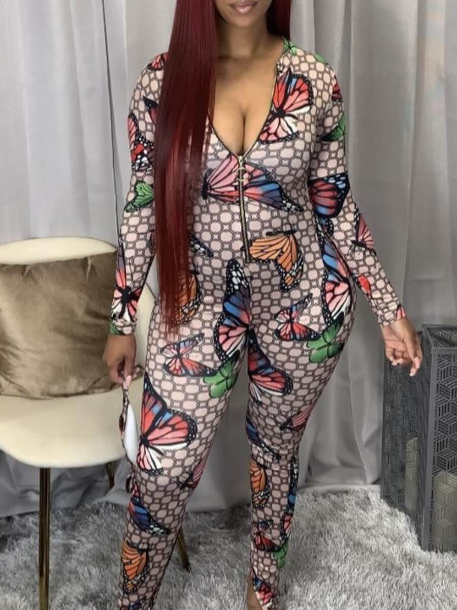 

Lovely Stylish Butterfly Print Zipper Design Khaki One-piece Jumpsuit