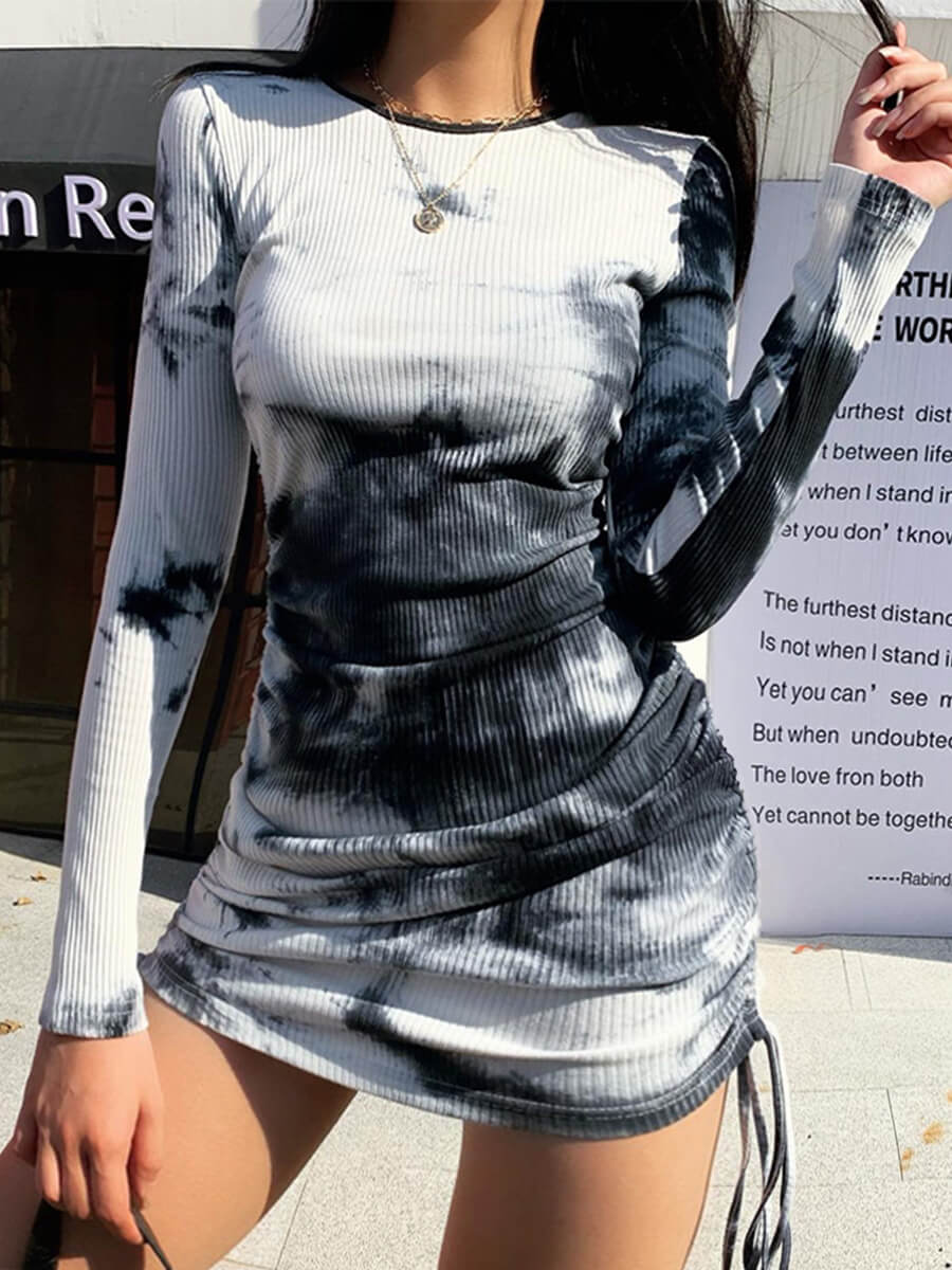

Lovely Trendy O Neck Tie-dye Black Mini Plus Size Dress