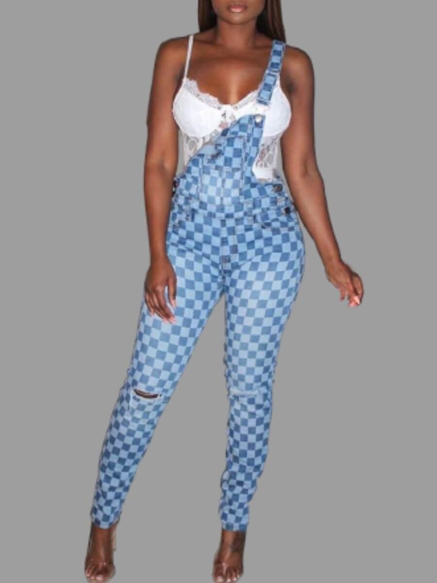 

Lovely Street Grid Print Broken Holes Blue One-piece Jumpsuit