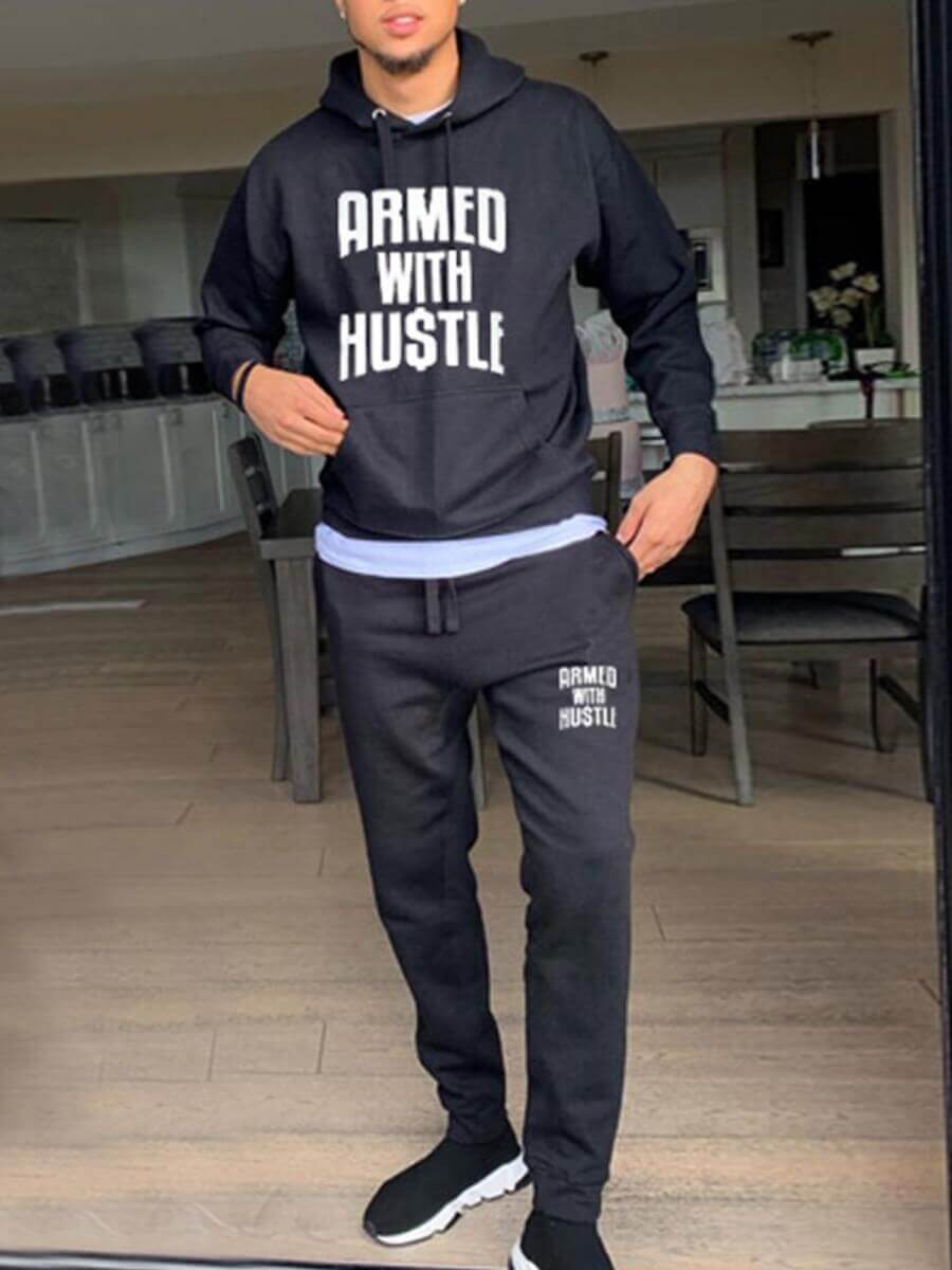 

LW Men Trendy Hooded Collar Letter Print Black Two-piece Pants Set