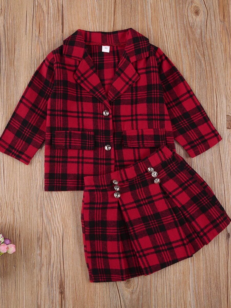 

Lovely Trendy Shirt Collar Grid Print Black And Black Girl Two-piece Skirt Set, Red and black check