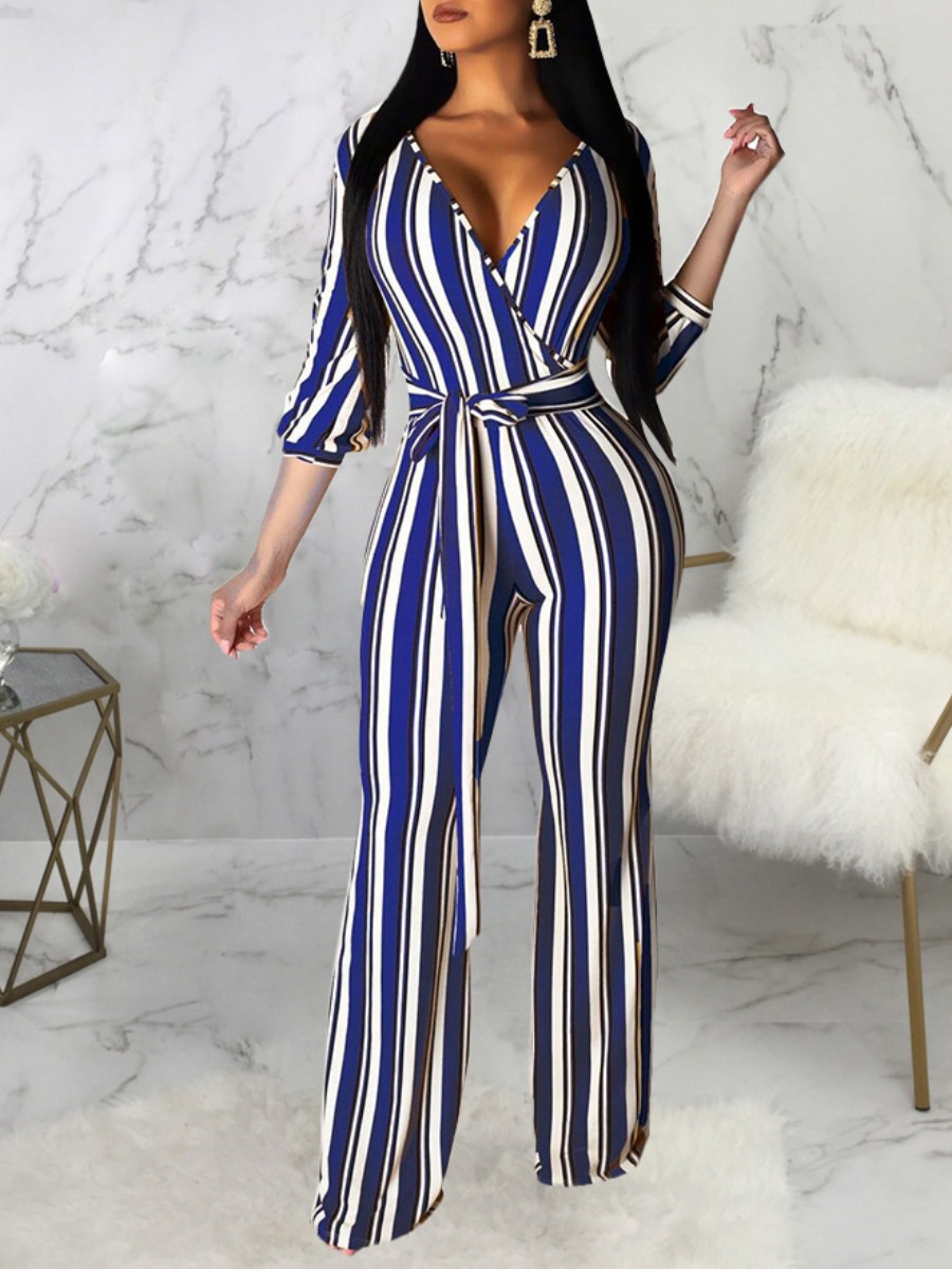 

Lovely Trendy Deep V Neck Striped Blue One-piece Jumpsuit