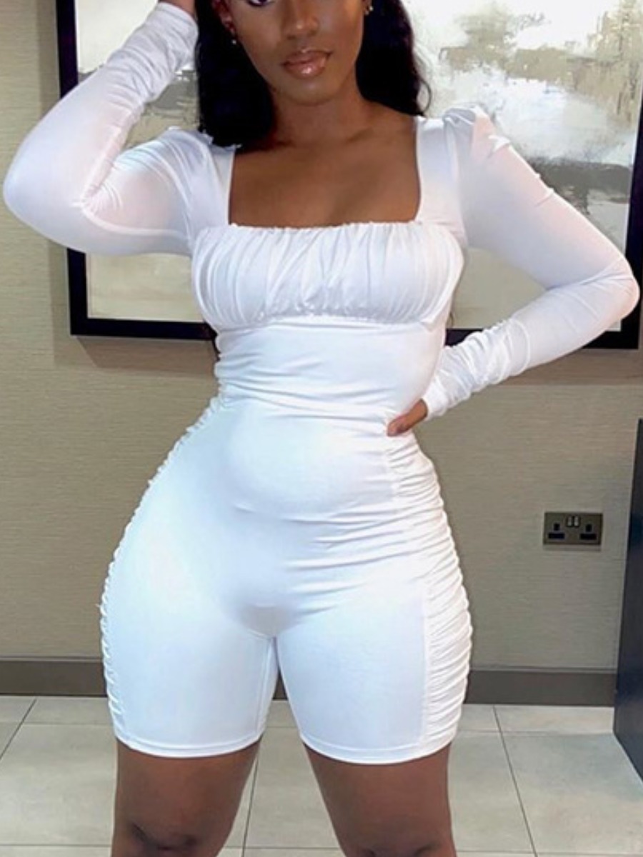 

lovely Trendy Square Collar Fold Design White One-piece Romper