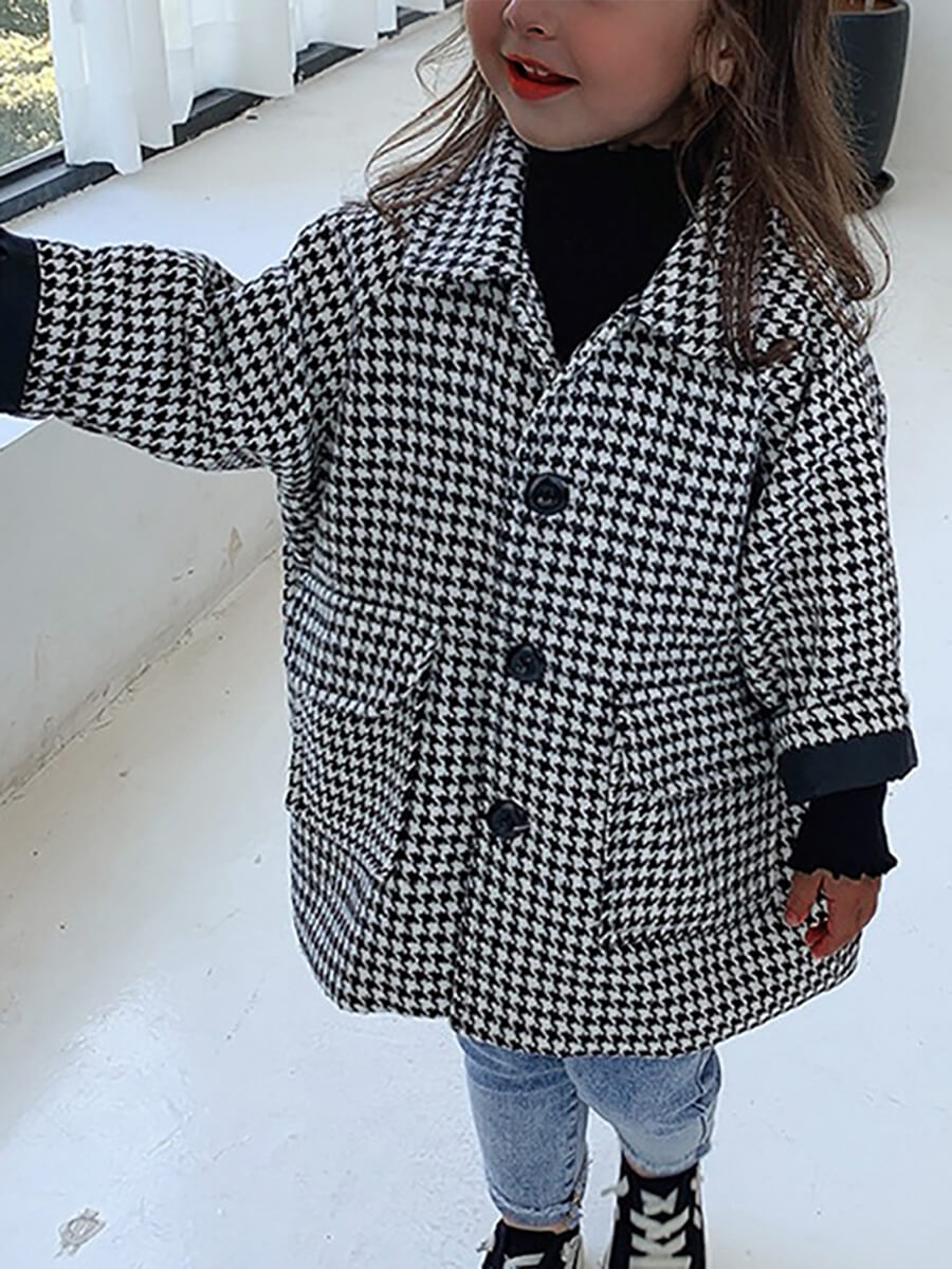 

Lovely Stylish Turndown Collar Hound Stooth Pocket Patched Girl Coat