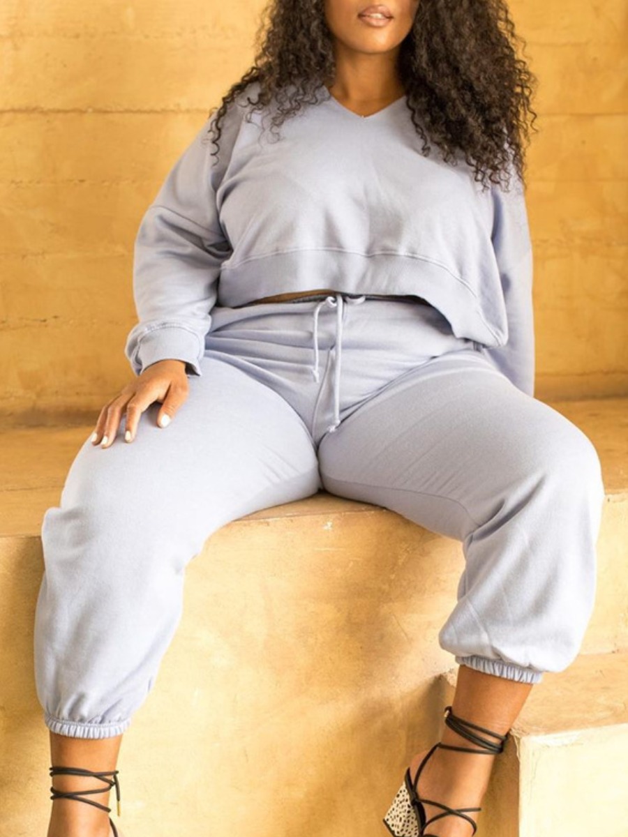 

Lovely Casual V Neck Lace-up Grey Plus Size Two-piece Pants Set