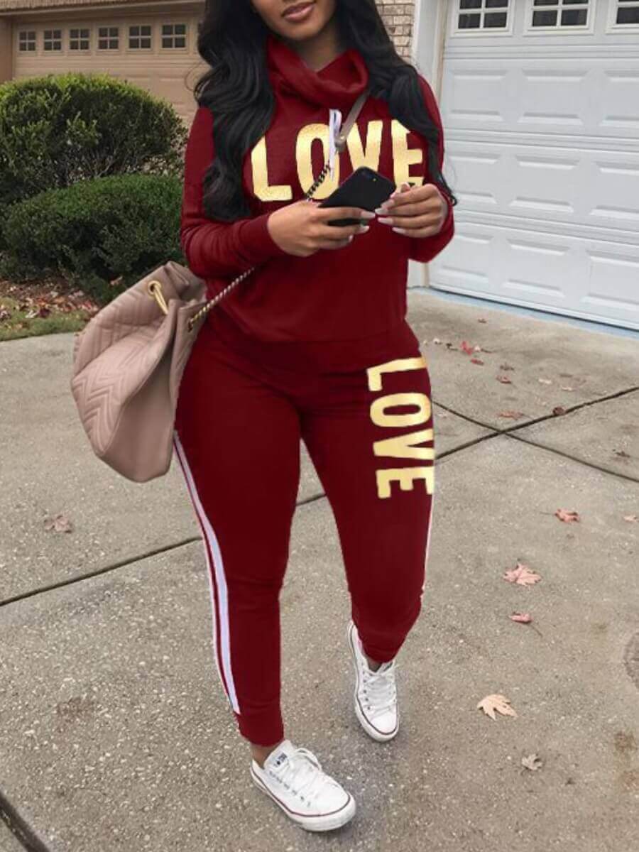 

LW Plus Size Letter Print Tracksuit Sweatsuit Set, Wine red