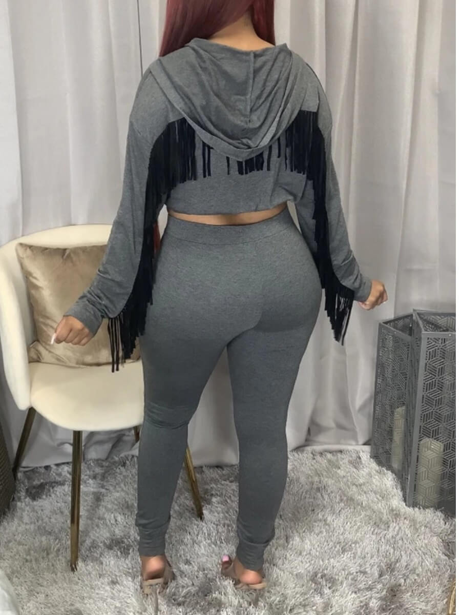 

Lovely Street Hooded Collar Tassel Design Grey Two Piece Pants Set