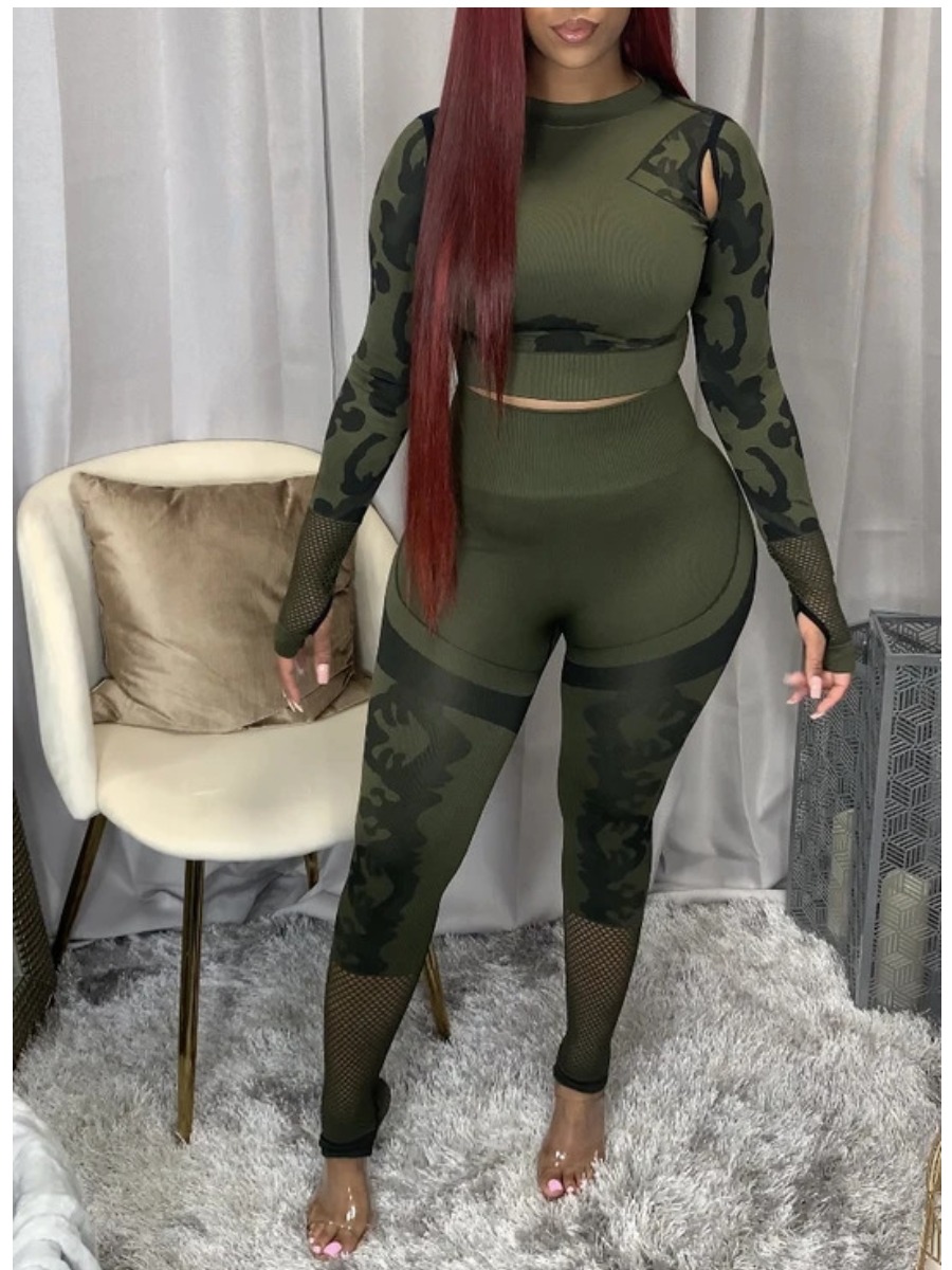 

Lovely Sportswear Print Skinny Green Two Piece Pants Set