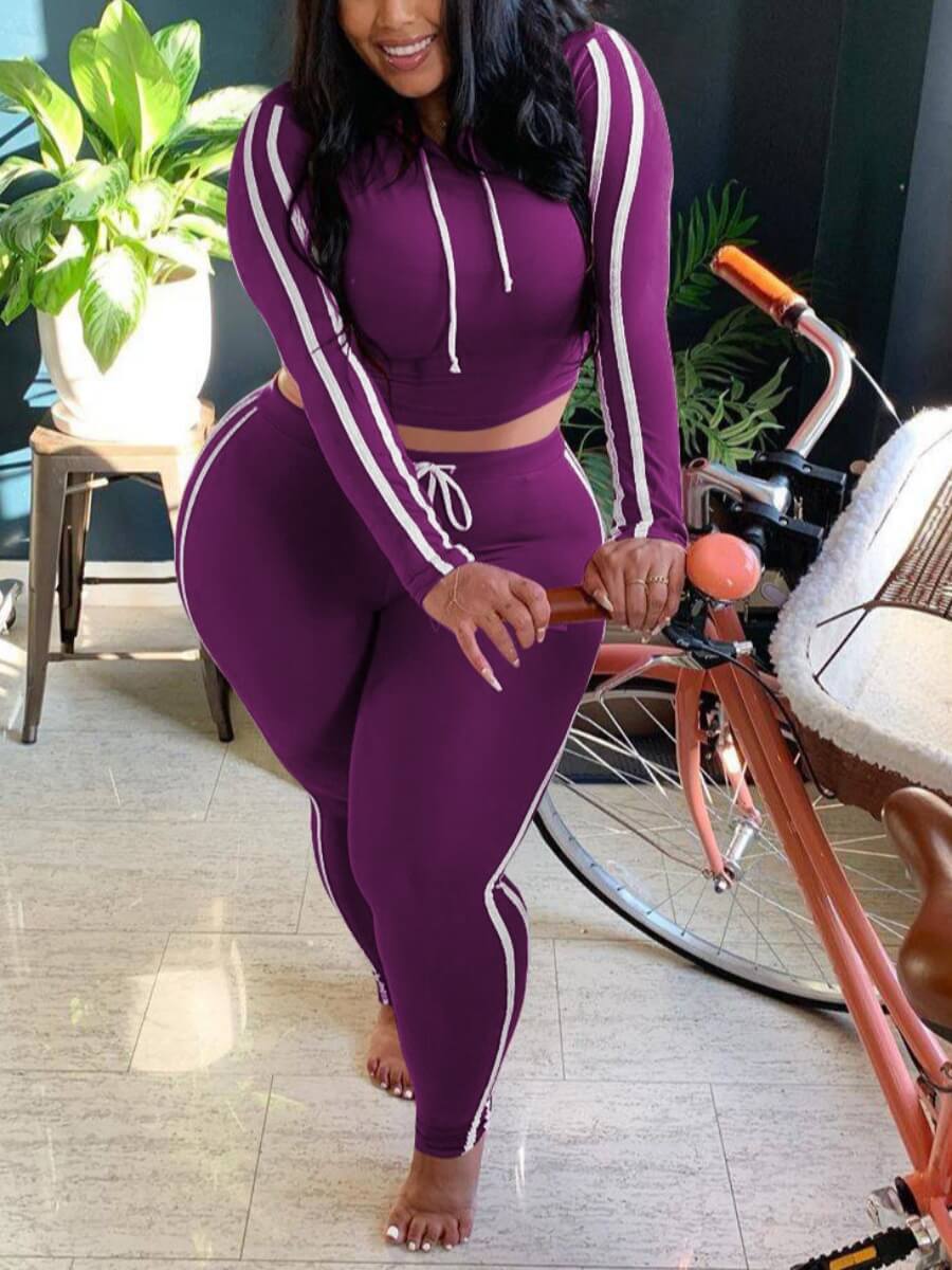 

Lovely Casual Hooded Collar Patchwork Purple Plus Size Two-piece Pants Set