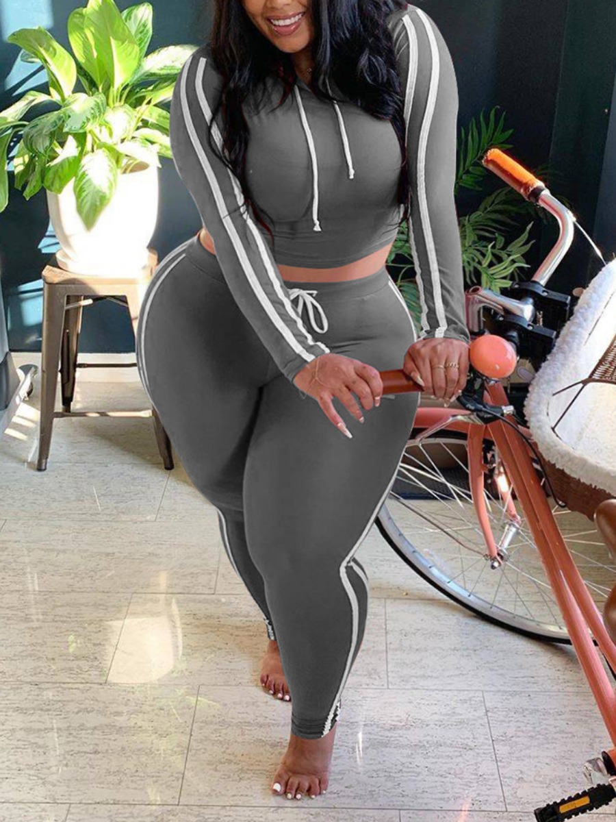 

Lovely Casual Hooded Collar Patchwork Grey Plus Size Two-piece Pants Set