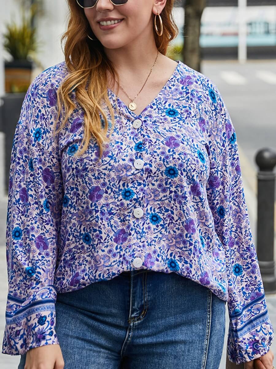 

Lovely Casual V Neck Floral Print Purple Blouse