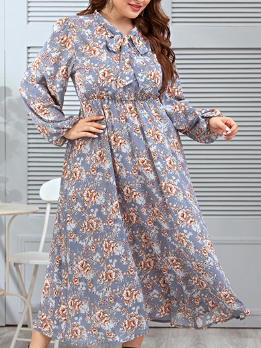 

LW Trendy Ribbon Collar Floral Print Light Grey Ankle Length Dress