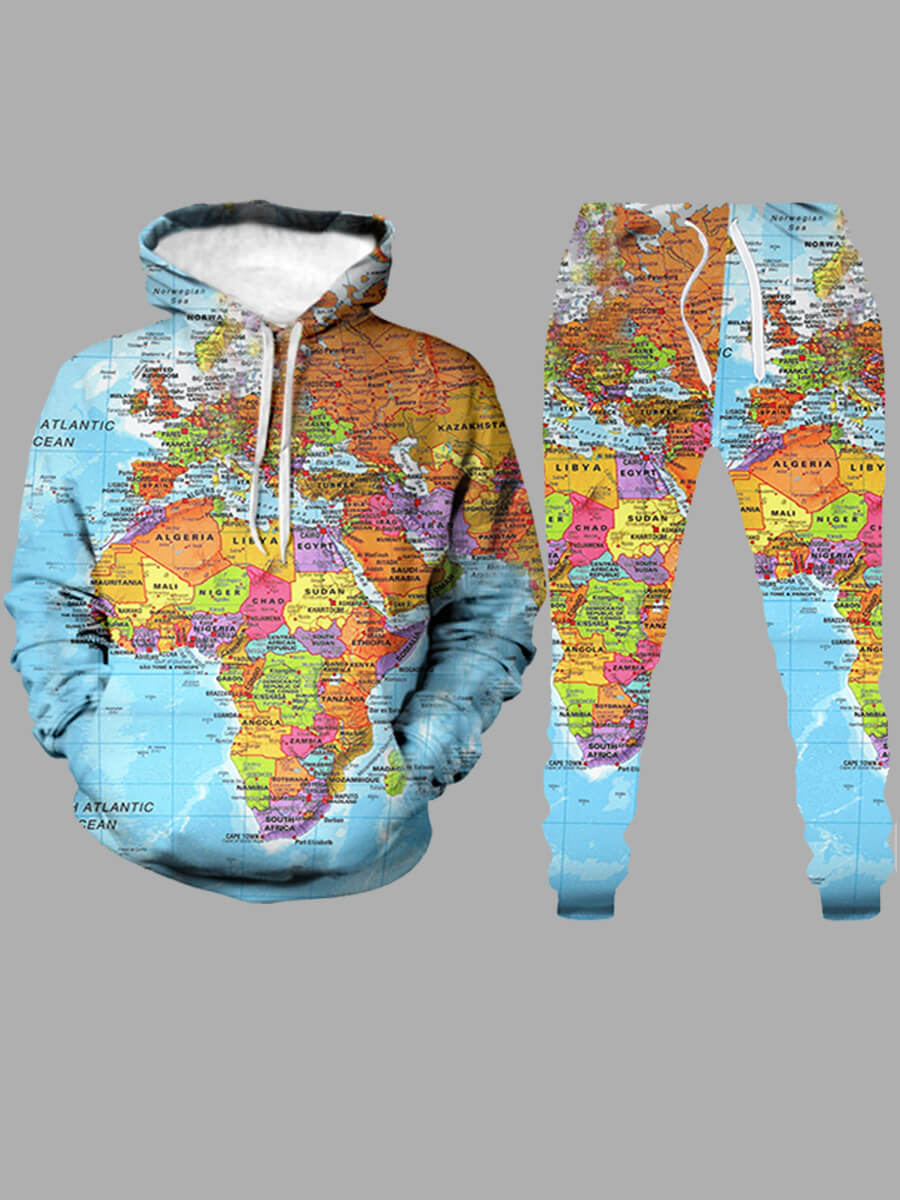 

Lovely Sportswear Hooded Collar Print Loose Blue Men Two-piece Pants Set