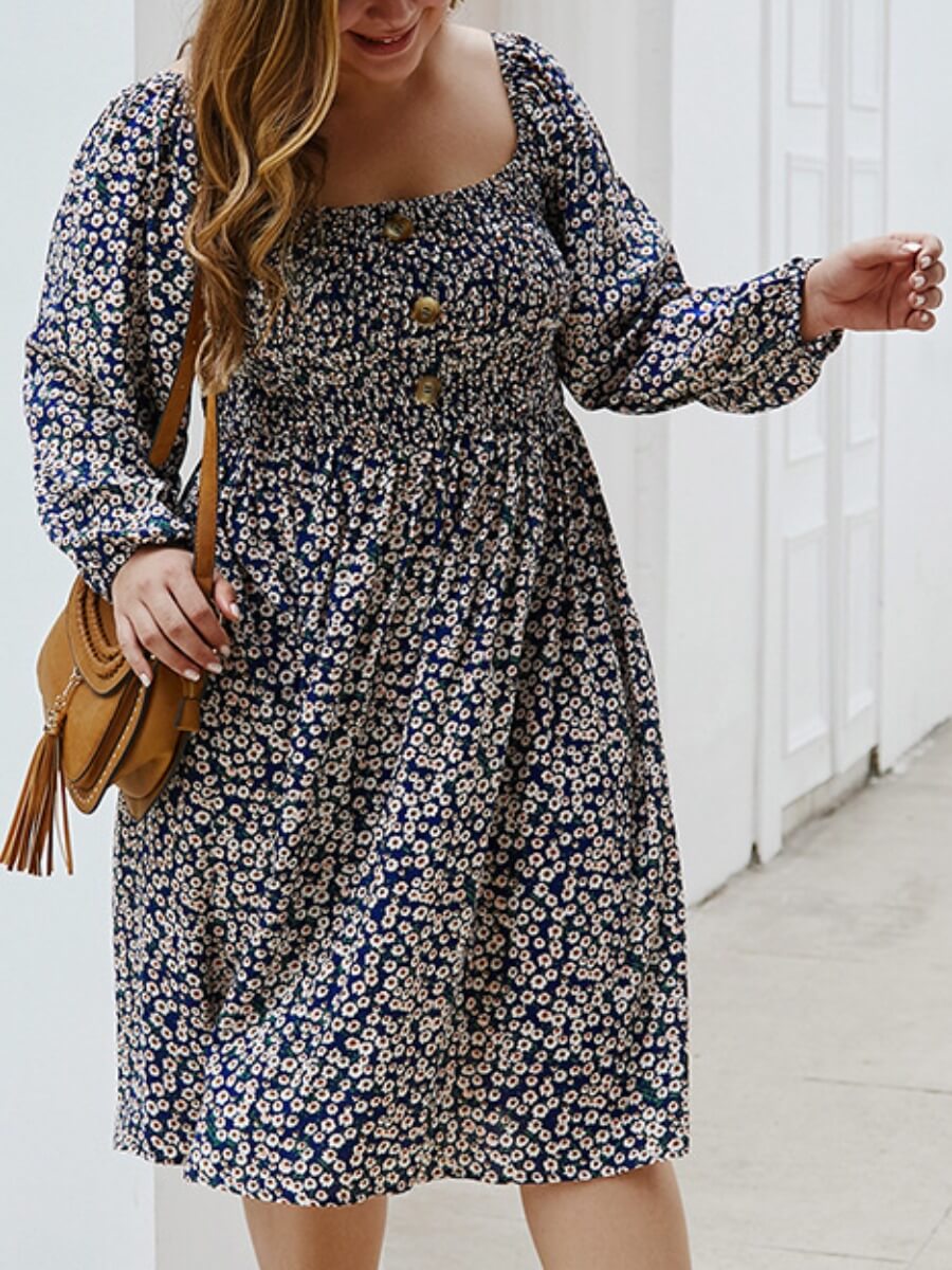 

Lovely Stylish Square Collar Floral Print Blue Knee Length Dress