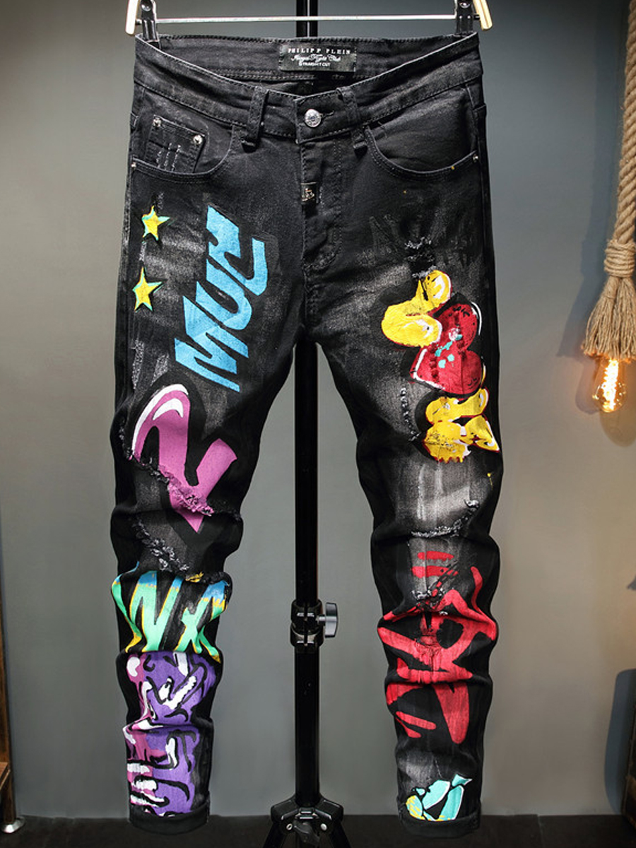 

lovely Street Letter Print Black Men Jeans