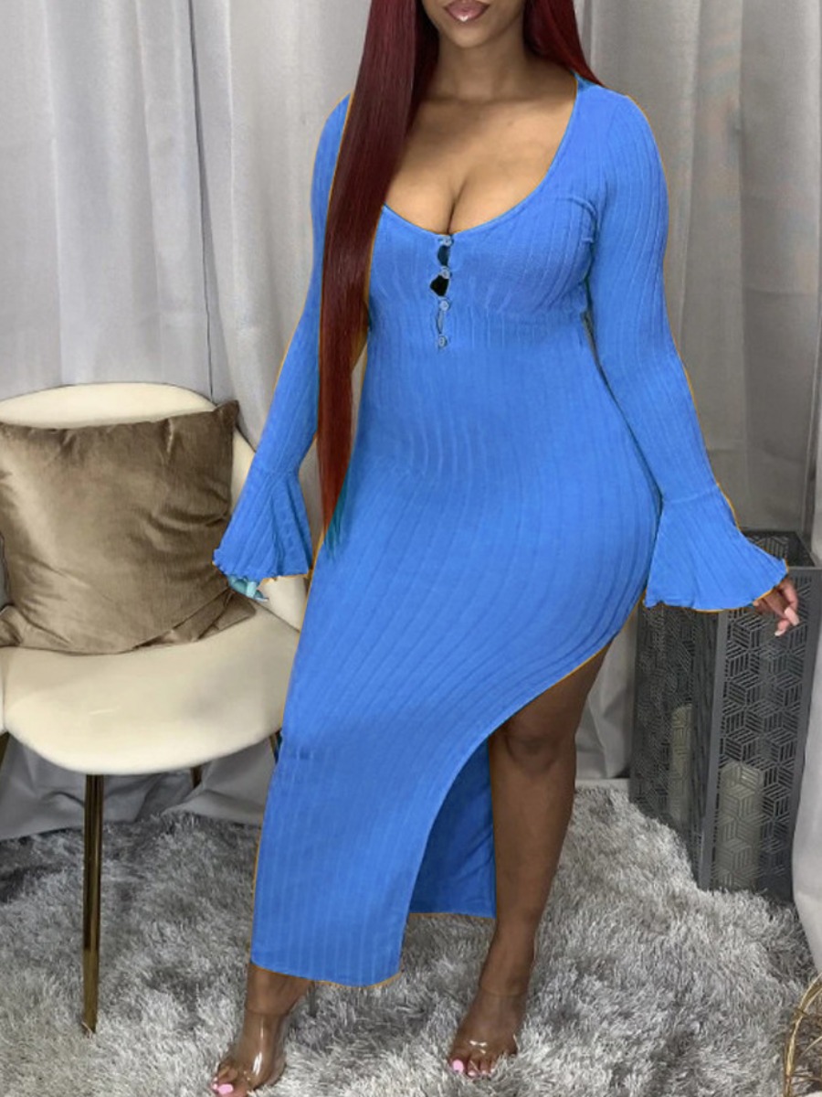 

Lovely Trendy U Neck Side High Slit Bue Ankle Length Dress, Blue