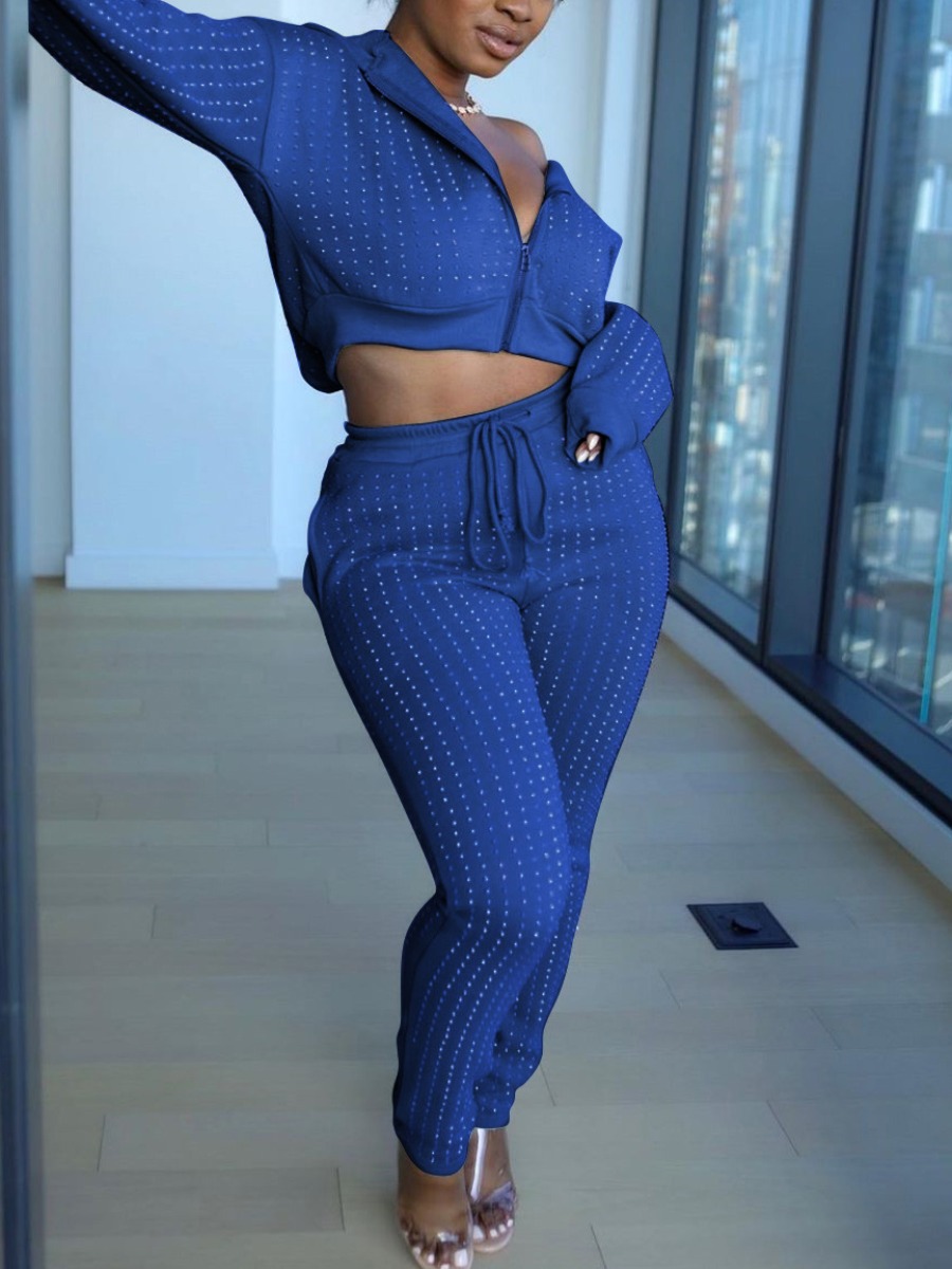 

Lovely Leisure Hooded Collar Zipper Design Blue Two Piece Pants Set