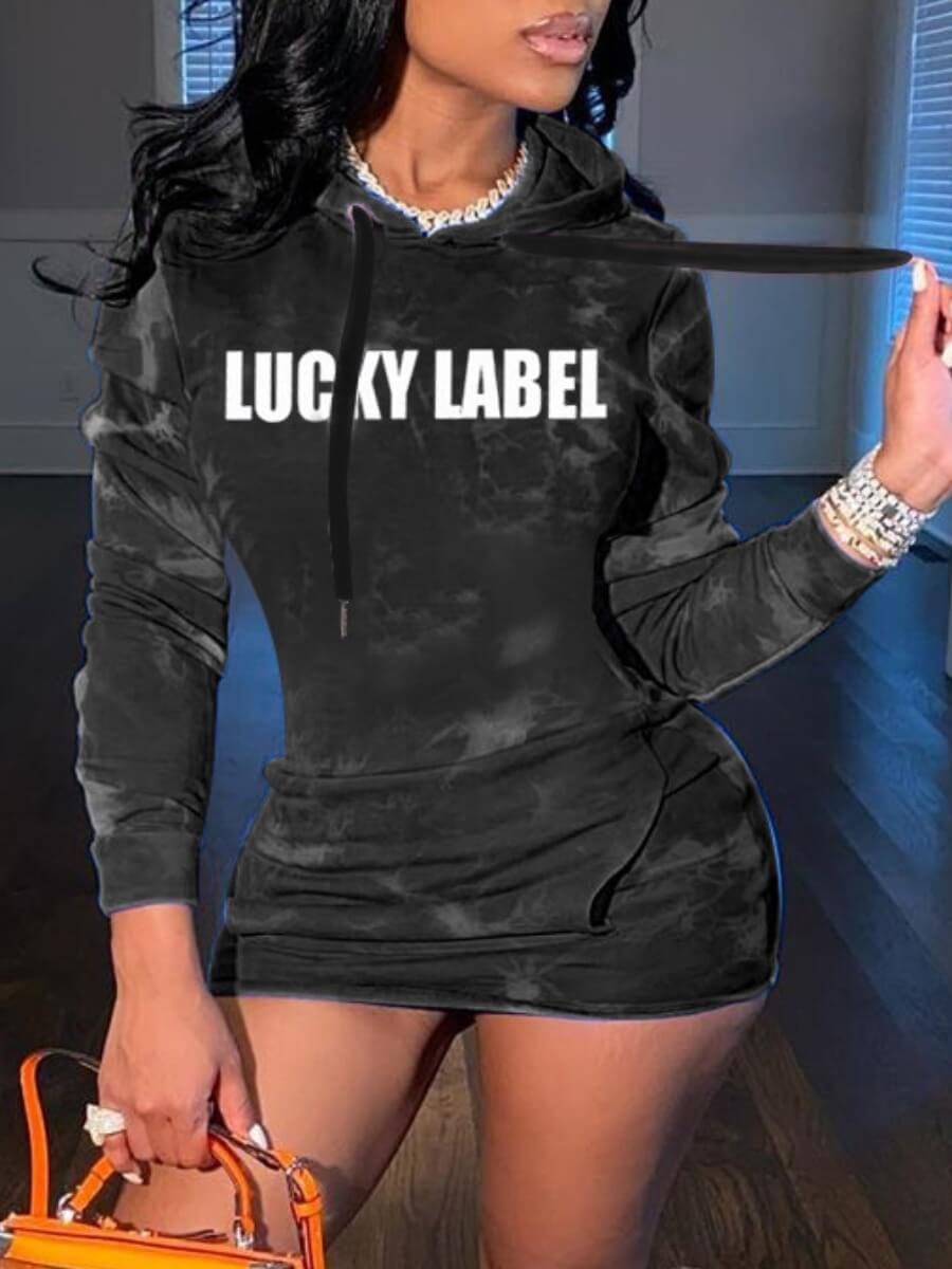 

Lovely Casual Hooded Collar Letter Print Black Mini Dress