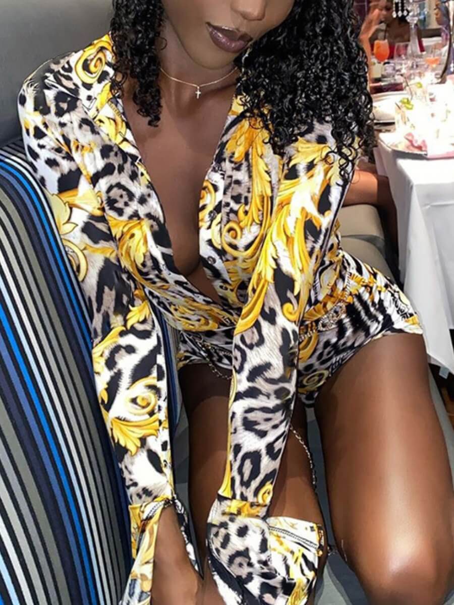 

Lovely Sexy Turndown Collar Print Yellow Bodysuit