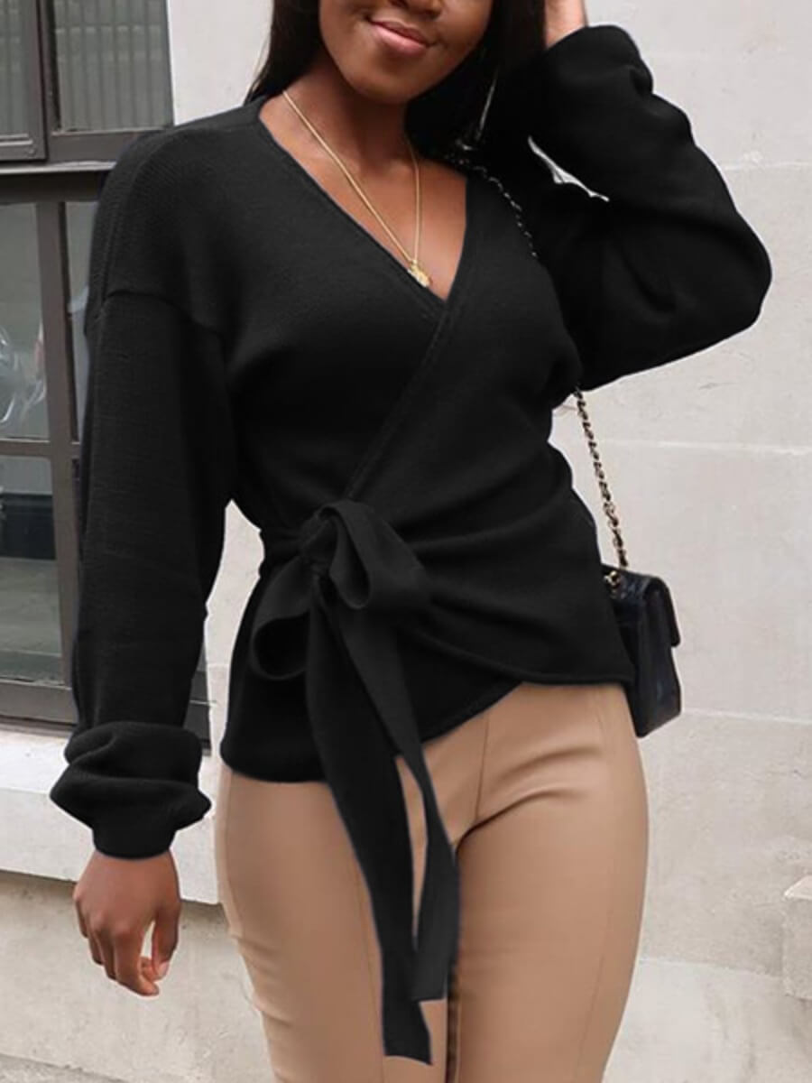 

Lovely Sweet V Neck Lace-up Black Sweater