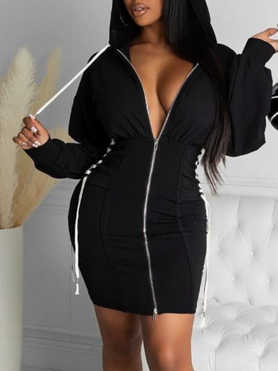 

Lovely Trendy Hooded Collar Bandage Design Black Mini Dress