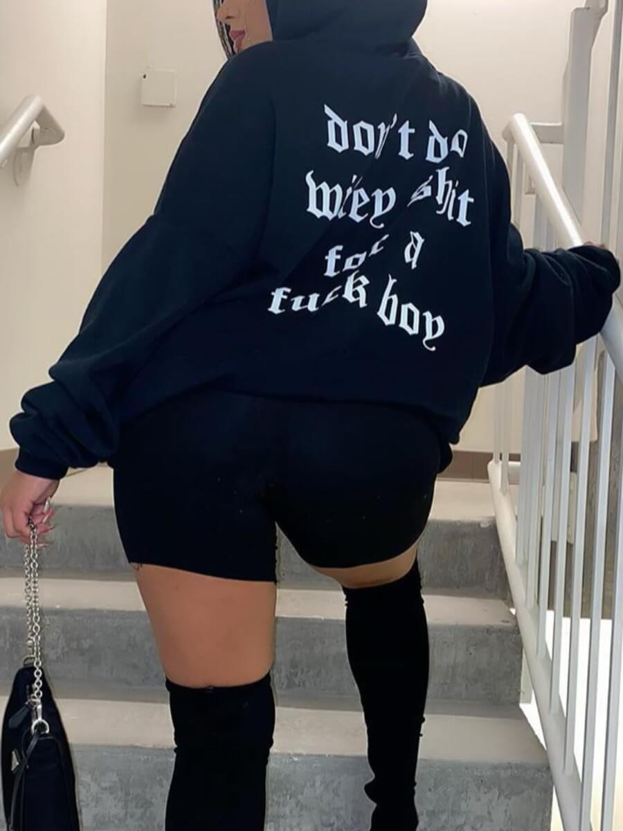

Lovely Casual Hooded Collar Letter Print Loose Black Hoodie